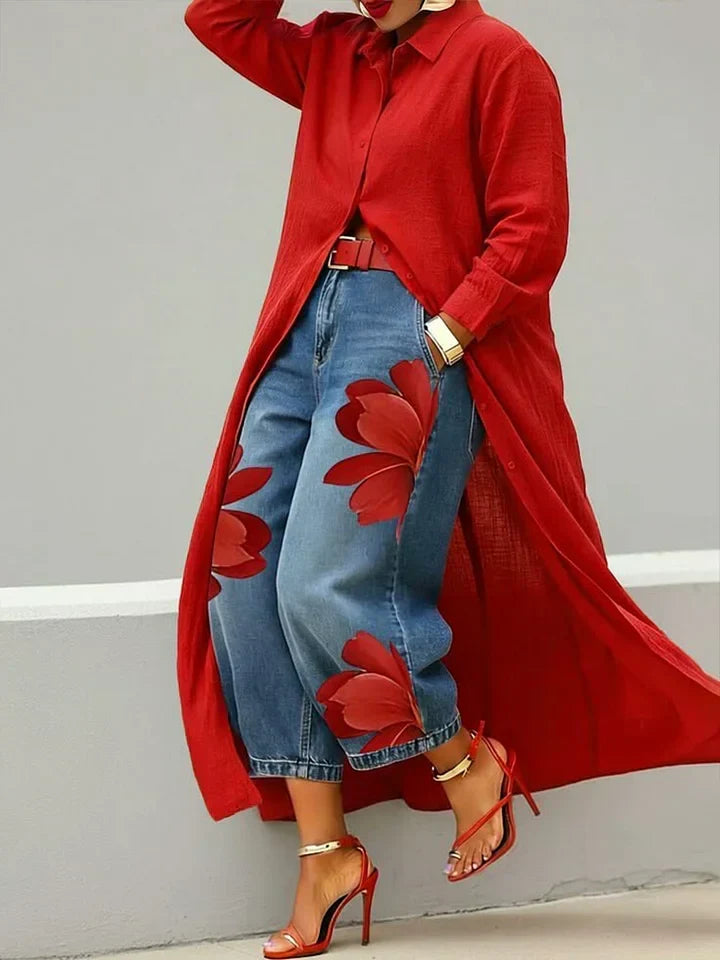 Esley | Long-Sleeve Shirt & Printed Jeans Set