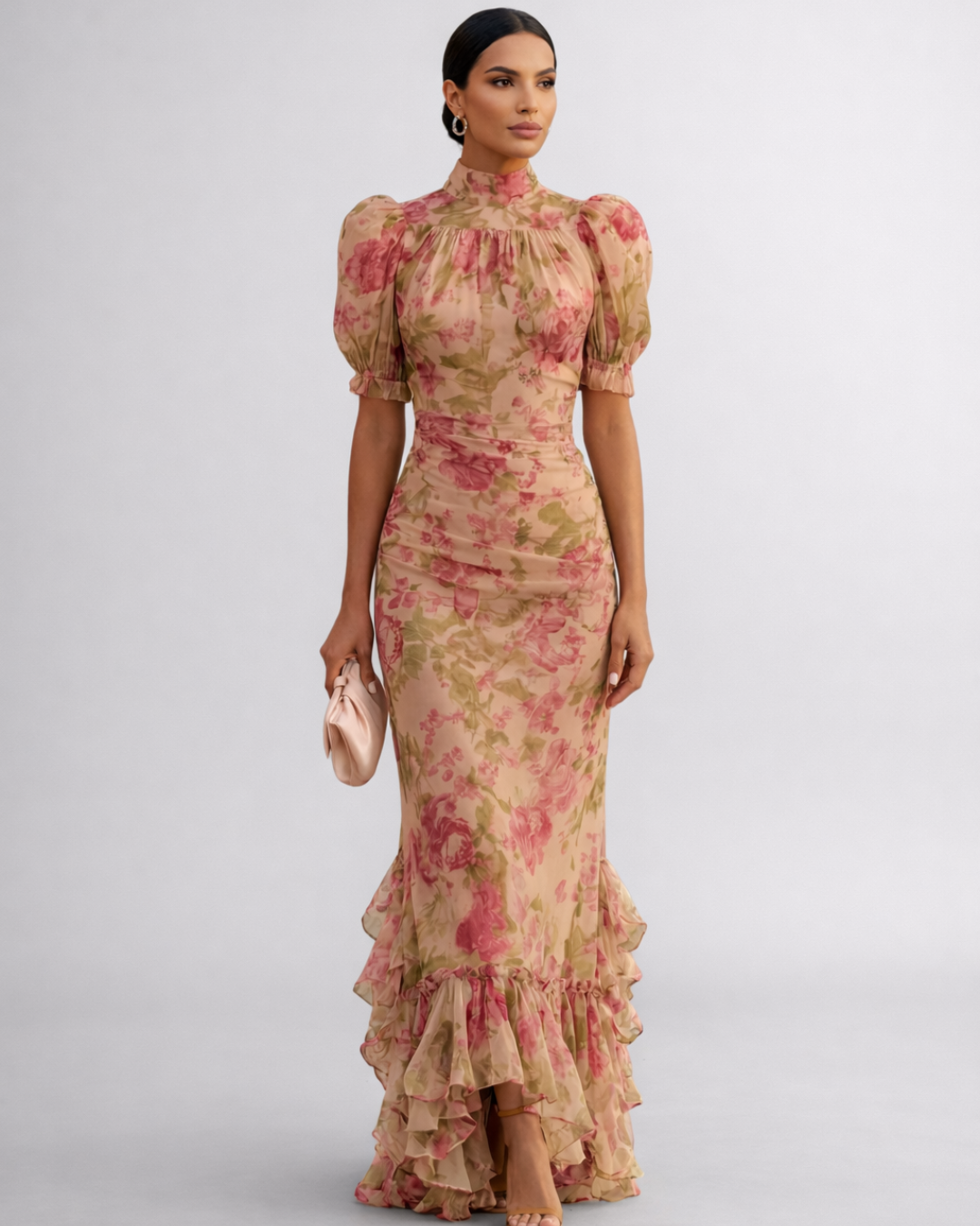 Inés | Vestido largo de gasa con flores en acuarela