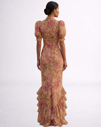 Inés | Vestido largo de gasa con flores en acuarela