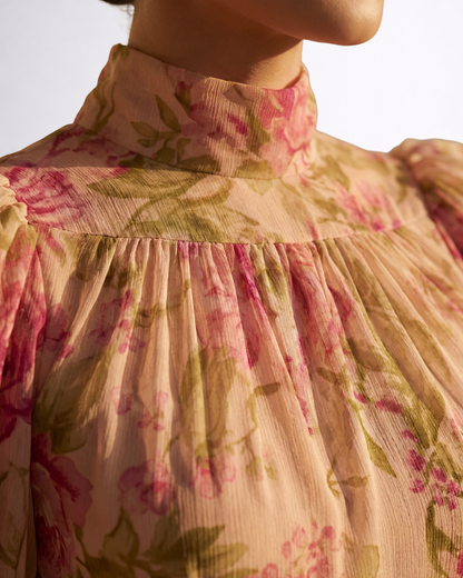 Inés | Vestido largo de gasa con flores en acuarela