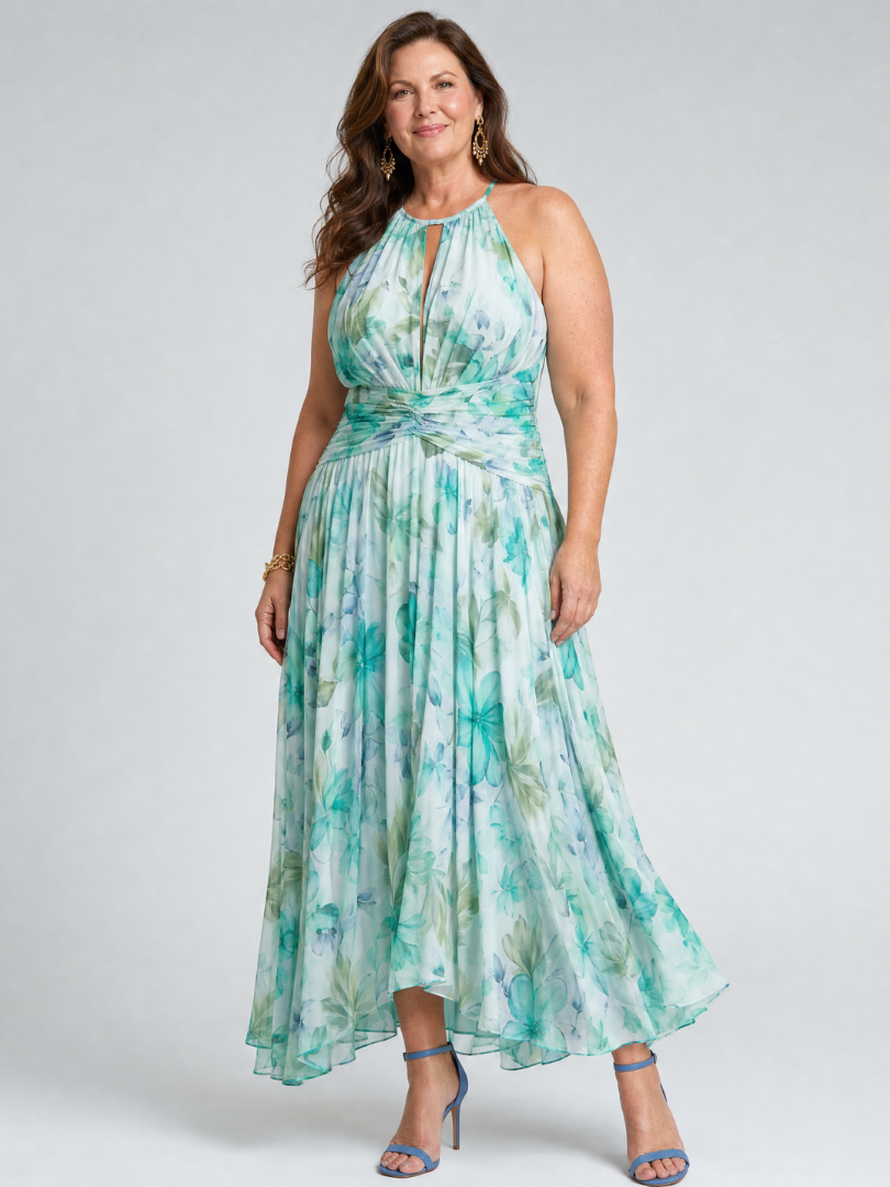 Immaculada | Vestido Midi Halter Plisado Floral