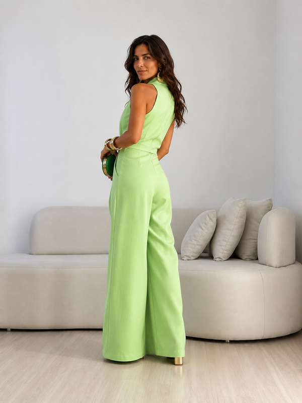 Valentina | Mono halter con lazo frontal y corte palazzo de pierna ancha