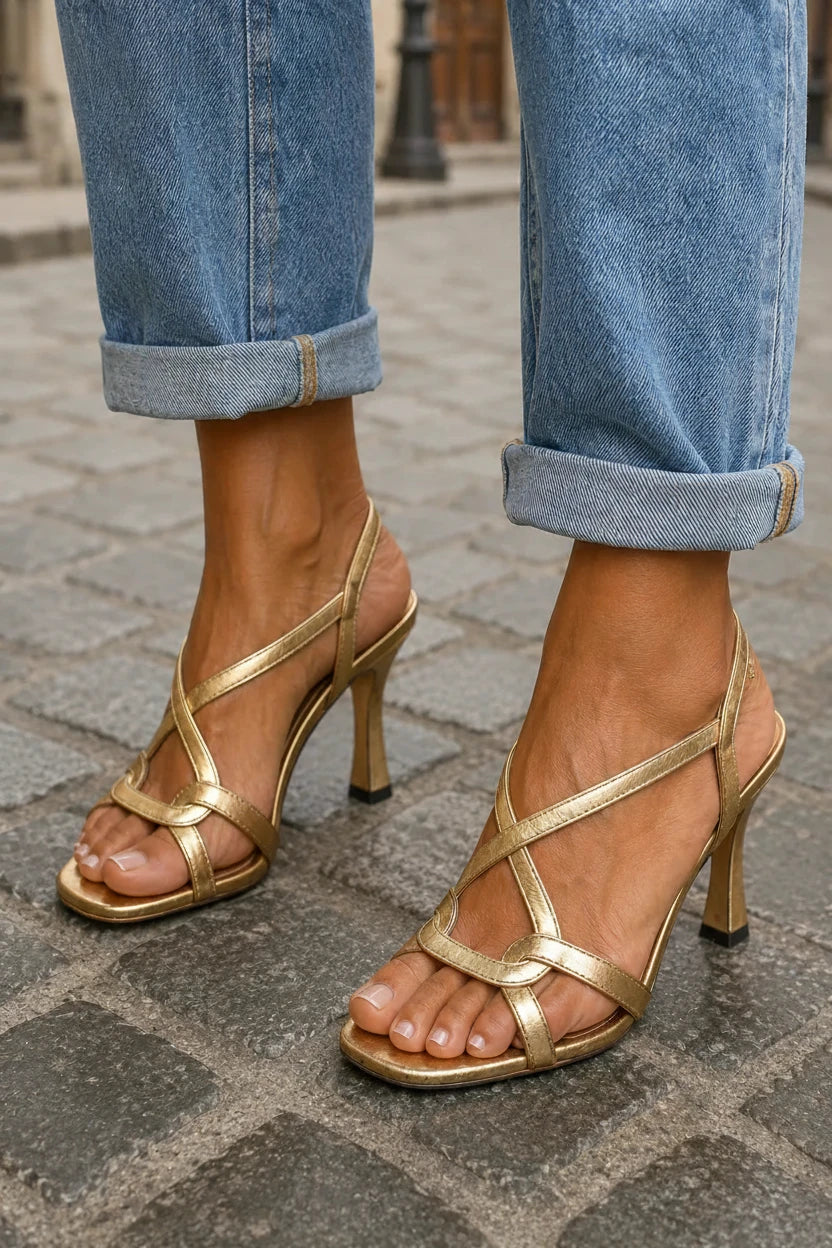 Filomena | Sandalias Doradas con Tacón