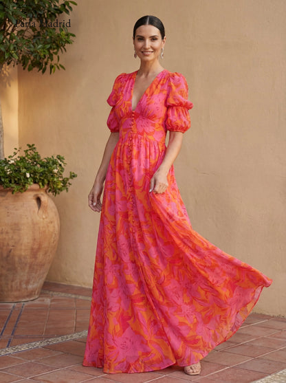Ciutat | Vestido Largo Fluido Rosa y Naranja