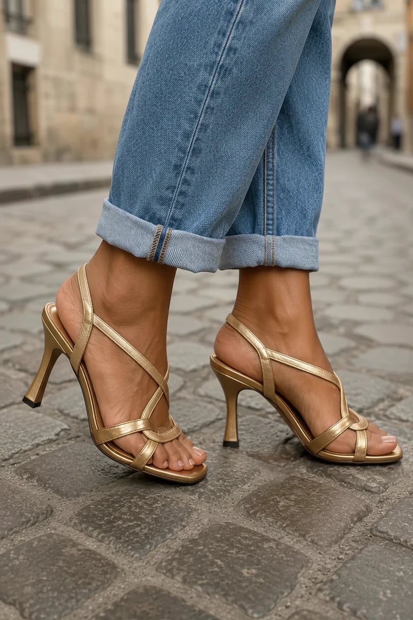 Filomena | Sandalias Doradas con Tacón