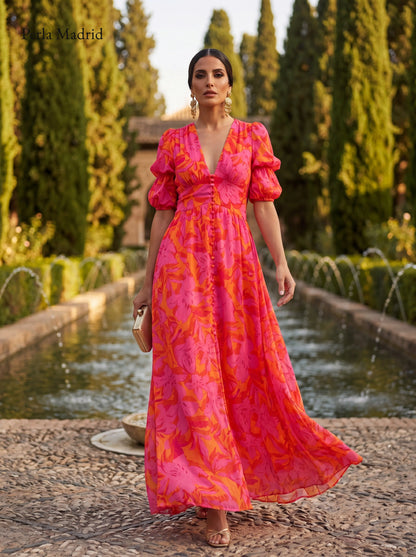 Ciutat | Vestido Largo Fluido Rosa y Naranja