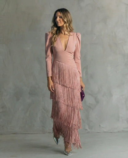 Elsa | Vestido midi con mangas de flecos