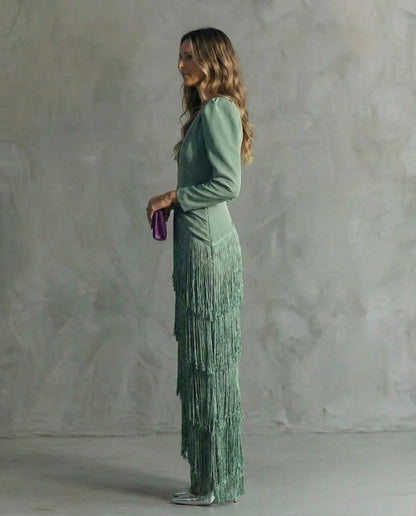 Elsa | Vestido midi con mangas de flecos