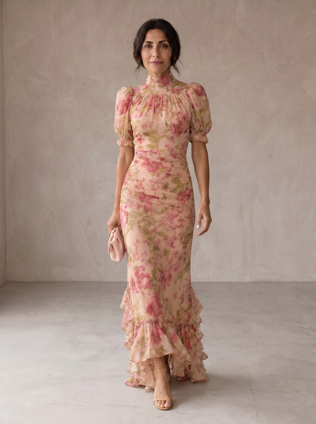 Inés | Vestido largo de gasa con flores en acuarela