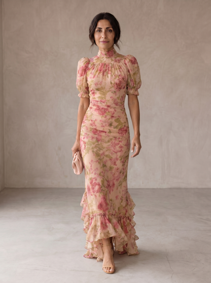 Inés | Vestido largo de gasa con flores en acuarela