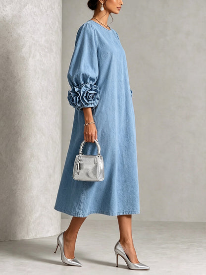 Digna | Vestido Midi Denim Chambray con Roscas 3D
