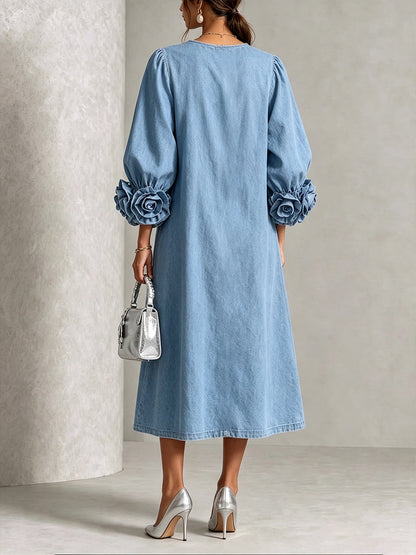 Digna | Vestido Midi Denim Chambray con Roscas 3D