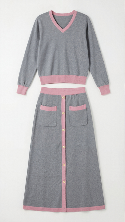 'Cheryl' V-neck sweater and midi skirt set
