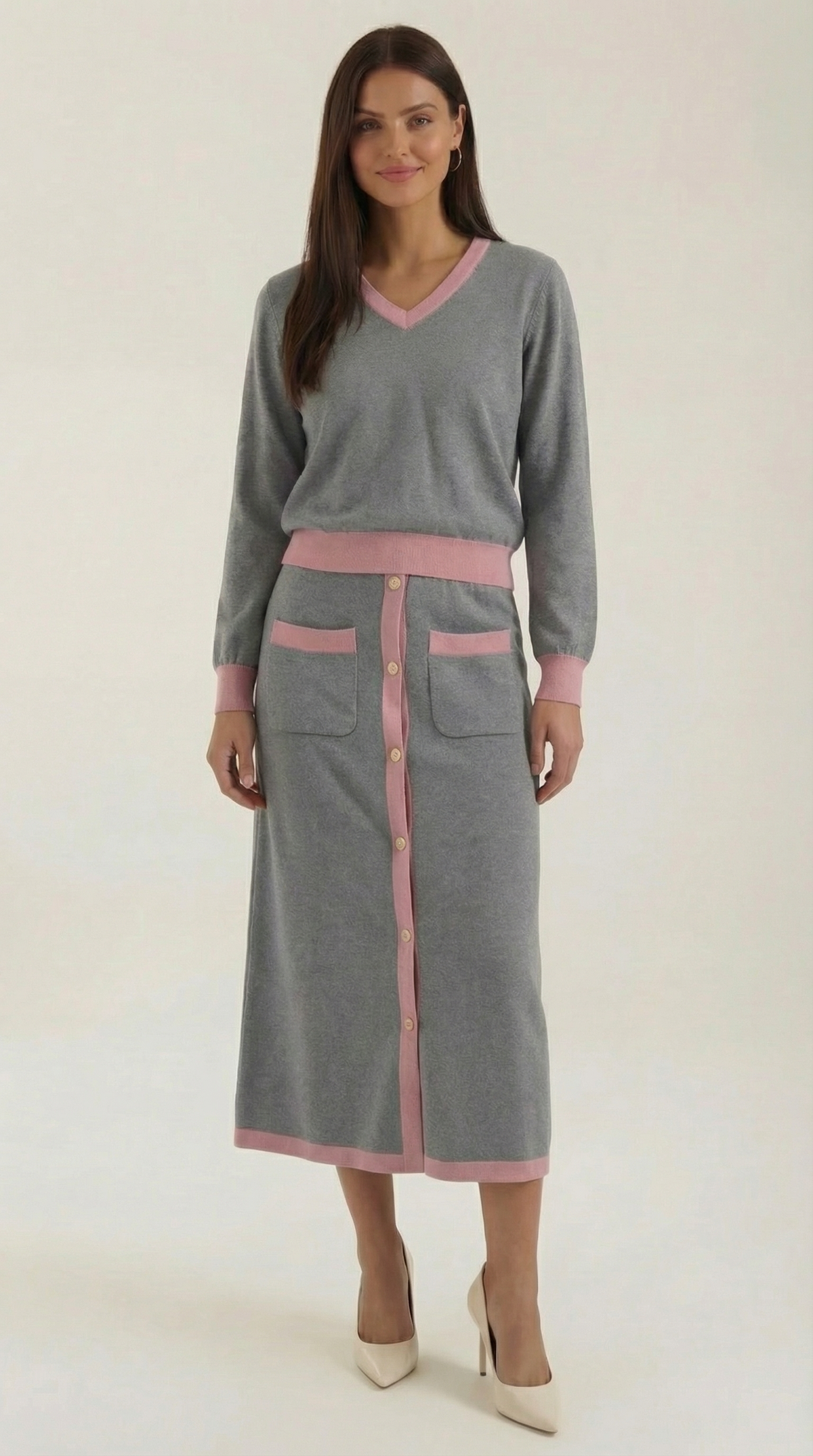 'Cheryl' V-neck sweater and midi skirt set