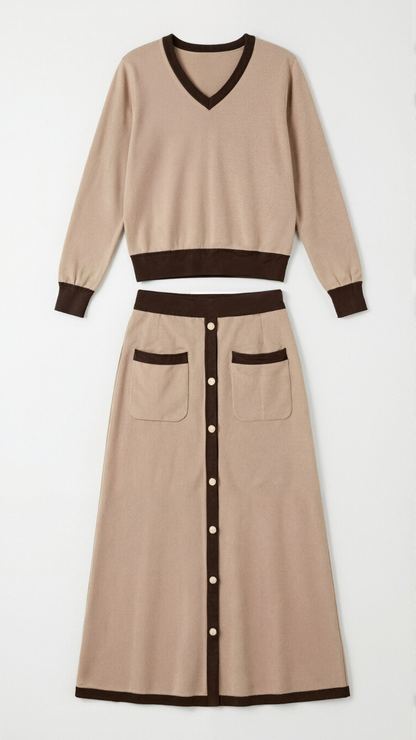 'Cheryl' V-neck sweater and midi skirt set