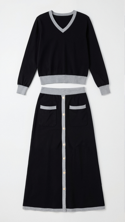 'Cheryl' V-neck sweater and midi skirt set