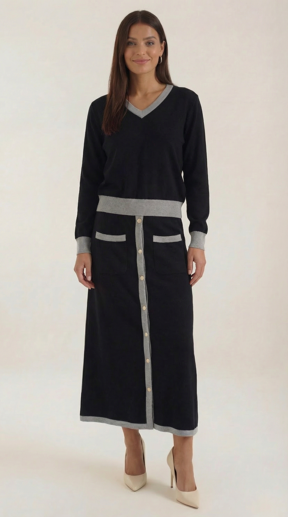'Cheryl' V-neck sweater and midi skirt set