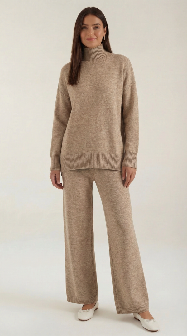 Conjunto de suéter de punto de cuello alto y jeans